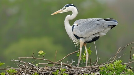 Fototapeta premium A grey heron stands perched on a branch over a body of water with trees in the background