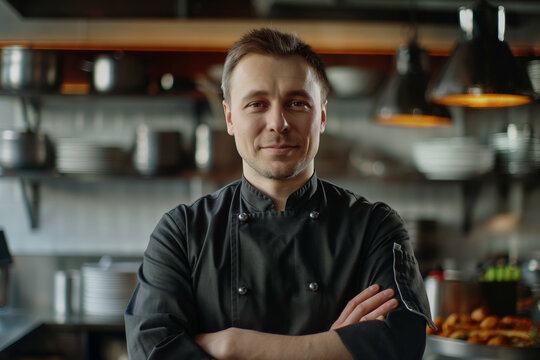 Confident Chef in a Modern Restaurant Kitchen, Arms Crossed, Wearing Black Uniform