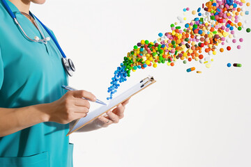 Healthcare Professional Using Tablet with Colorful Pills Concept