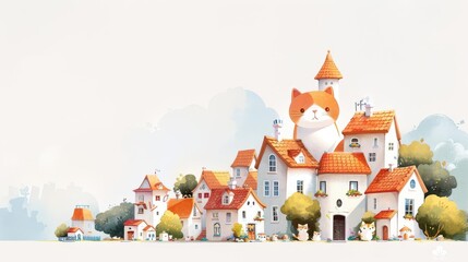 Obraz premium A whimsical village scene featuring charming houses and a giant cat, perfect for children's illustrations or playful designs.