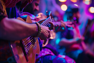 Fototapeta premium Musicians Playing Acoustic Guitars in Colorful Ambient Lighting During a Live Performance