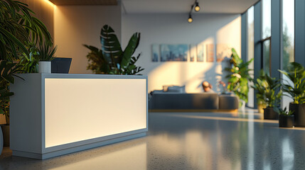 A modern hallway with potted plants and a vertical illuminated advertisement display, offering a clean and sleek corporate atmosphere.

