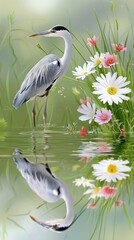 A grey heron stands perched on a branch over a body of water with trees in the background