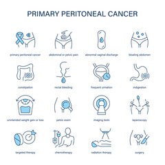 Primary Peritoneal Cancer symptoms, diagnostic and treatment vector icons. Medical icons.