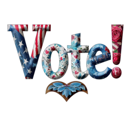 The word "Vote!" with each letter uniquely designed using different patterns and textures such as the USA flag - AI Generated Digital Art