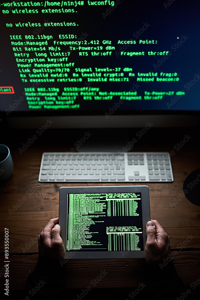 Poster hacker, hands or tablet at night with data, online scam or programming for access. man, cyber crime 