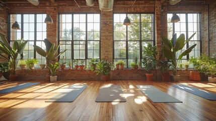Fototapeta premium Tranquil Yoga Studio with Abundant Natural Light and Greenery