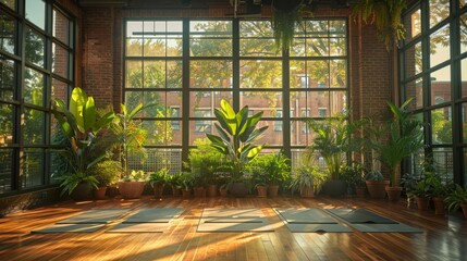 Fototapeta premium Tranquil Yoga Studio with Abundant Natural Light and Greenery