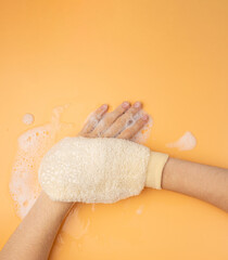 Bath Glove, Natural Beige Wash Mitt for Spa, Massage, Healthy Skin, Shower Glove