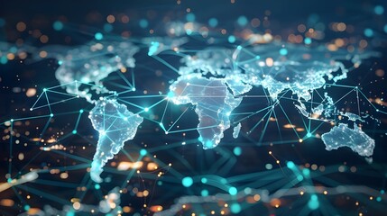 Obraz premium Glowing Digital World Map Illustrating Global Network Connectivity and Business Exchange, Representing Online Trade and International Finance Links Between Cities