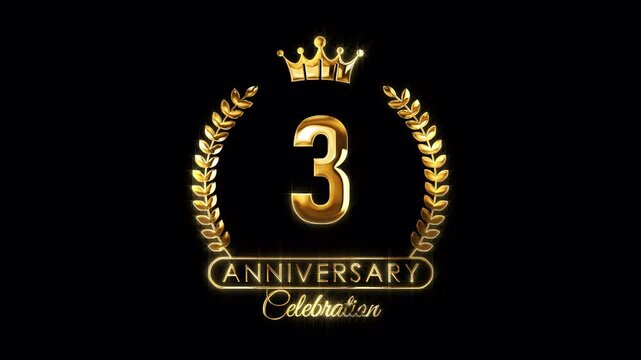 3rd Anniversary Celebration. Happy 3 Years Anniversary Animation in Gold Color on the Transparent Background, Alpha Channel. Great for greetings, celebrations, events, and gifts.