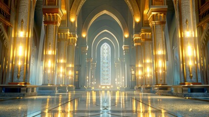 Fototapeta premium Classical grand interior of a magnificent castle hall. Gleaming lights illuminate intricate arches and columns. Ideal for fantasy and architectural concepts. Stunning digital artwork. AI