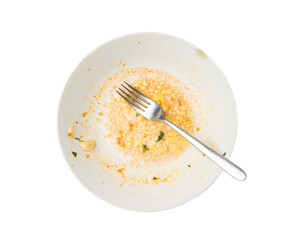 Dirty Plate Isolated, Empty Bowl after Dinner, Finished Lunch, Oil and Smeared Sauce on White Plate