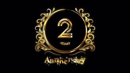 2nd Anniversary Celebration. Happy 2 Years Anniversary Animation in Gold Color on the Transparent Background, Alpha Channel. Great for greetings, celebrations, events, and gifts.