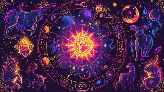 Vibrant zodiac signs illustration in a cosmic theme
