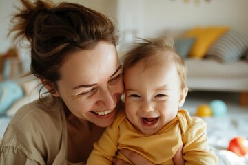 A mother in beige and her baby in yellow share an affectionate embrace, both smiling brightly and radiating happiness, in the warmth and comfort of their home environment.