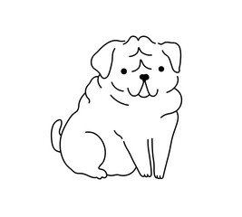 Vector isolated cute cartoon funny sitting pug colorless black and white contour line easy drawing