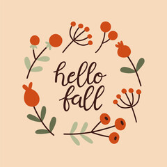 Autumn hand drawn lettering hello fall. Fall season handwritten slogan. Autumn phrase with cute cozy design elements