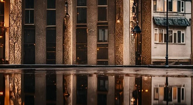 rainy city street with reflections of intricate Zentangle patterns on wet pavement, the buildings standing tall and bathed in a mysterious, sad light.
