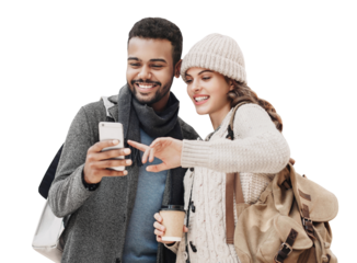Beautiful happy young couple using smartphone isolated transparent PNG. Joyful smiling woman and man looking at mobile phone. Love, travel, tourism, students lifestyle concept