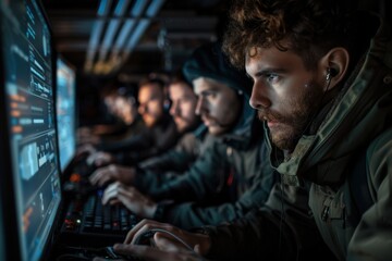 A group of hackers collaborating in a dark tech lab, intensely focused on their computer screens while working on cyber threats and security breaches in a secretive environment.