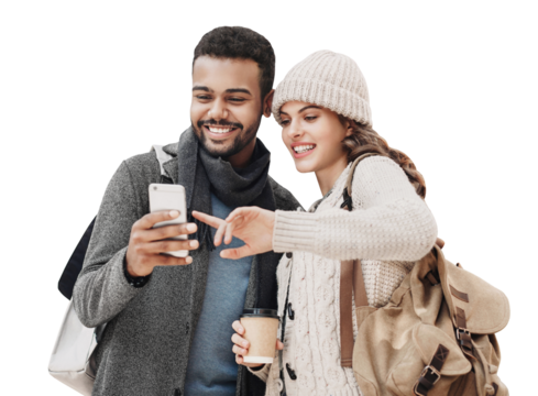 Beautiful happy young couple using smartphone isolated transparent PNG. Joyful smiling woman and man looking at mobile phone. Love, travel, tourism, students lifestyle concept