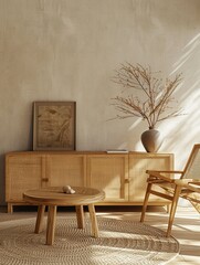 Minimalist interior design with wooden sideboard, rattan chair, round table, and vase under natural light. Beige walls and wooden floors emphasize textures and materials