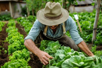 A farmer kneels down inspecting and caring for his leafy green plants in a lush and well-organized garden, showcasing dedication and attention to detail in agriculture.