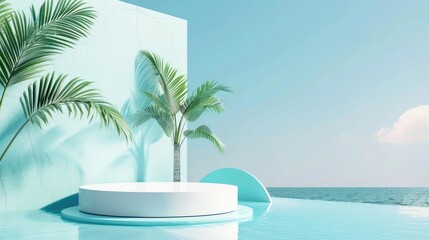 Fototapeta premium 3D render of a minimal summer background with an empty podium for product display, beach swim elements.