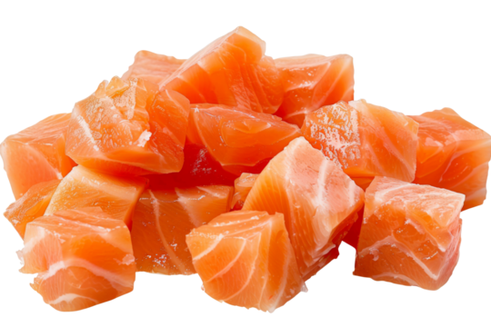 Close up pile of Salmon cubes isolated on background, fillet fish salmon Sashimi slices menu.