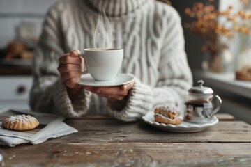 Fototapeta premium A person wearing a cozy sweater is sitting at a wooden table inside a cafe, holding a steaming cup of cappuccino, with pastries and decorative items on the table.