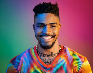 Fototapeta premium Psychedelic Portrait of a Giggling Man with Tattoos: Celebrating LGBT Pride and Self-Expression