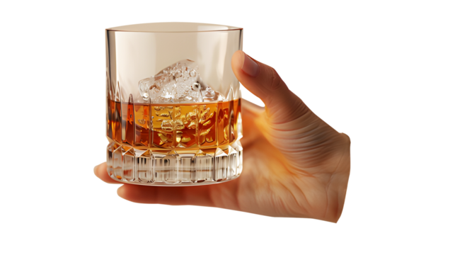 Man hand holding glass of whiskey with ice cubes isolated on cut out PNG or transparent background. Design liquor or promote advertisements. Drink to celebrate various festivals.
