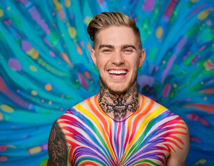 Psychedelic Portrait of a Giggling Man with Tattoos: Celebrating LGBT Pride and Self-Expression
