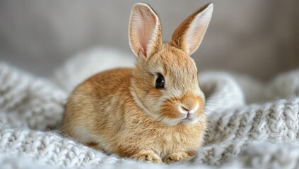 Adorable Baby Bunny Relaxing on a Knit Blanket
