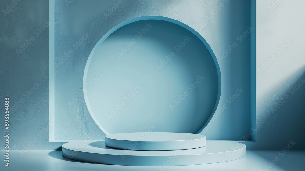 Poster 3d render of an empty blue podium, minimal design for product display, abstract geometric studio set