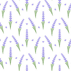 Seamless pattern with lavender for fabric and textiles. Sprigs of lavender flowers with green leaves on a white background. Vector illustration for gift bag. Print for packaging and wrapping paper.