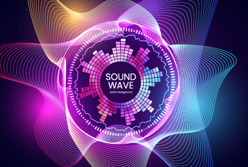 Colorful vibrant gradient curve sound waves, radial music sound equalizer, vector electronic background with blur flares