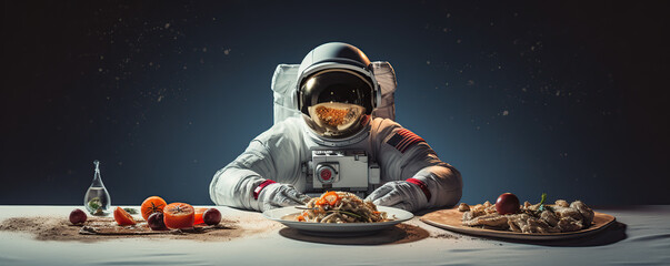 Astronaut Eating Dinner in Space Against a Starry Sky