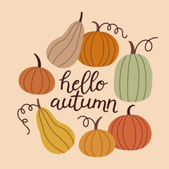 Autumn hand drawn lettering hello autumn. Fall season handwritten slogan. Autumn phrase with cute cozy design elements