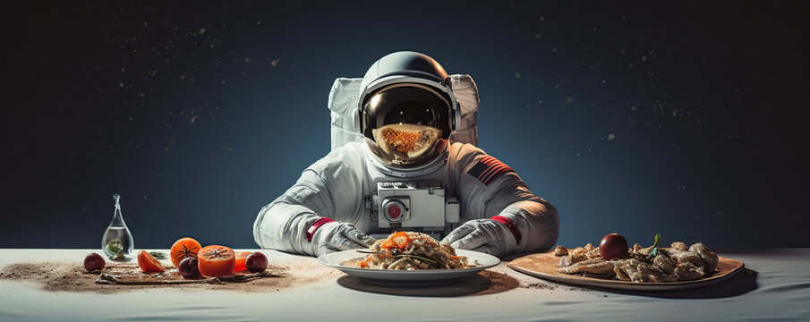 Astronaut Eating Dinner in Space Against a Starry Sky