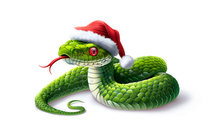 Obraz premium Illustration of a happy green snake wearing a Santa hat on a white background. Symbol of the New Year 2025. new year of the snake