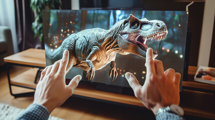 a man's hands control a virtual screen with a hyper-realistic dinosaur..View from the inside of virtual augmented reality glasses - the effect of full presence in a 3D film