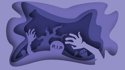 Paper Cut Halloween Background. Halloween Paper Cut Landscape with Zombie Hands and Graveyard