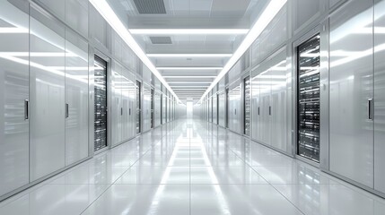 Fototapeta premium modern futuristic interior of a high-tech server room with huge data volumes, data center, white color palette