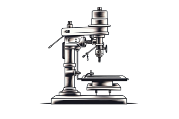 minimalist line drawing of a drill press with a chuck, table, and column, isolated on a white background.