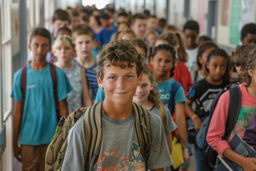 Obraz premium A group of children wearing backpacks walk down a school hallway, suggesting education, growth, and the element of companionship in an everyday school environment.