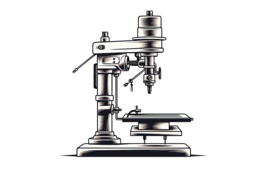 minimalist line drawing of a drill press with a chuck, table, and column, isolated on a white background.
