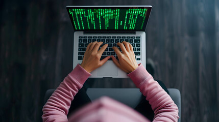 programmer or coder or hacker working, a person in a hood typing on a laptop with green code on the screen