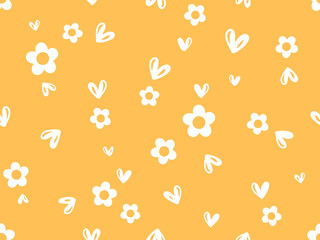 Seamless pattern with hand drawn hearts and cute flower on yellow background vector.